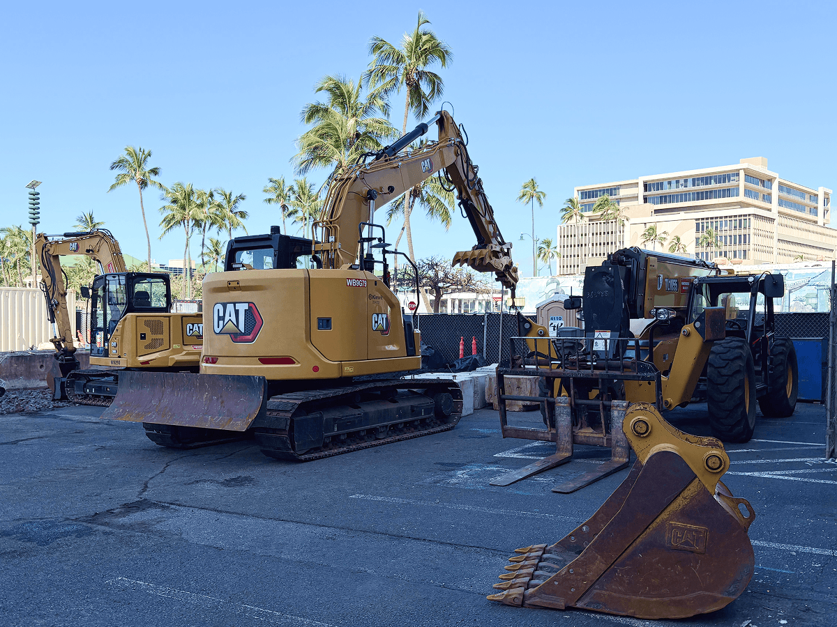 Construction equipment supporting infrastructure work along Ala Moana Boulevard