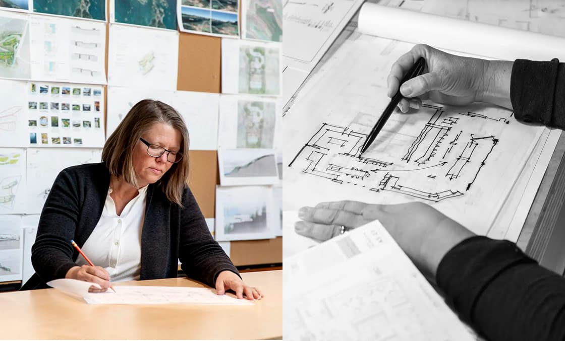 Kirsten Ring Murray sketching architectural plans