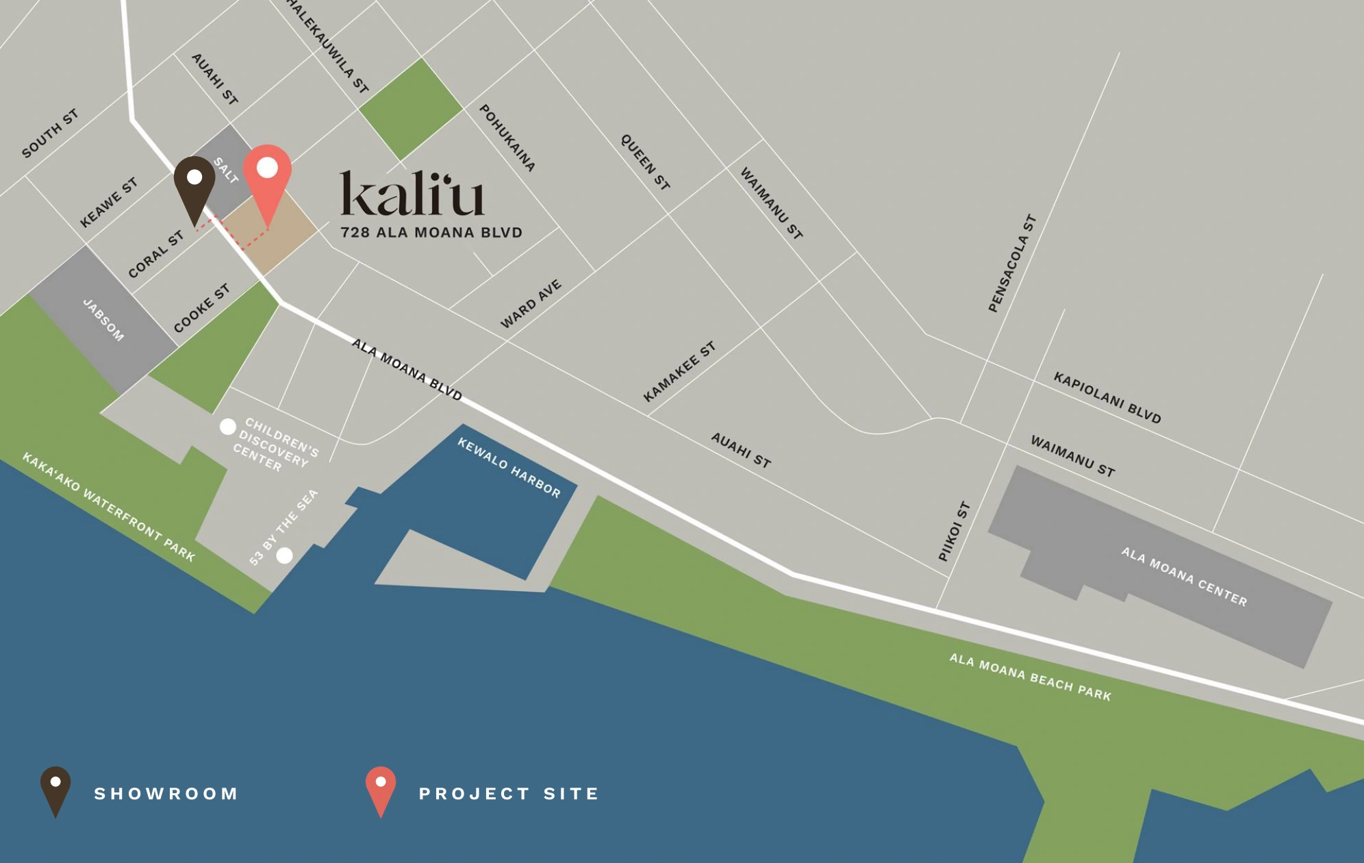 Map showing the Kali‘u showroom at 677 Ala Moana Boulevard near Coral Street, opposite the project site at 728 Ala Moana Boulevard.