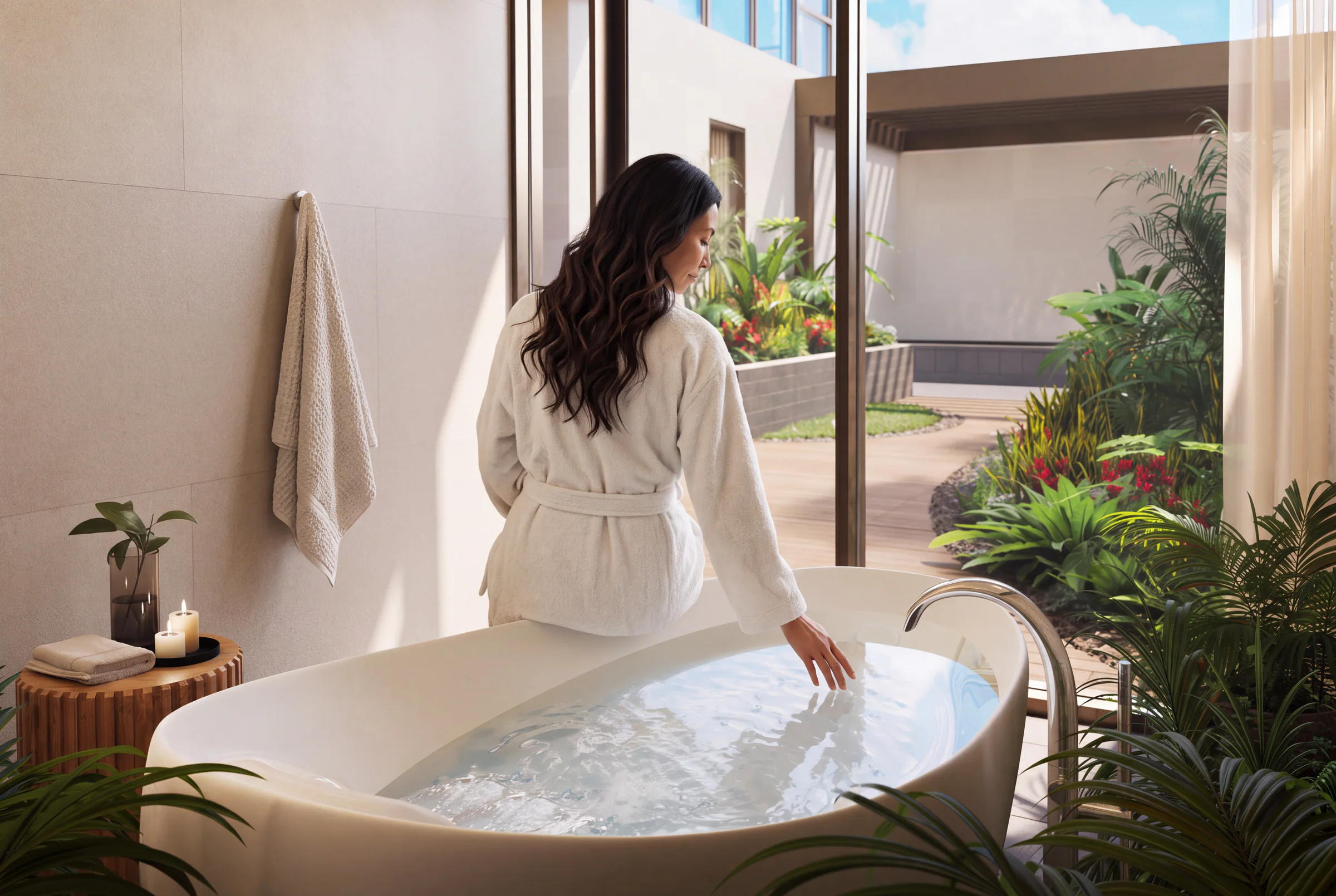 Zero gravity flotation tub beside a view toward Diamond Head